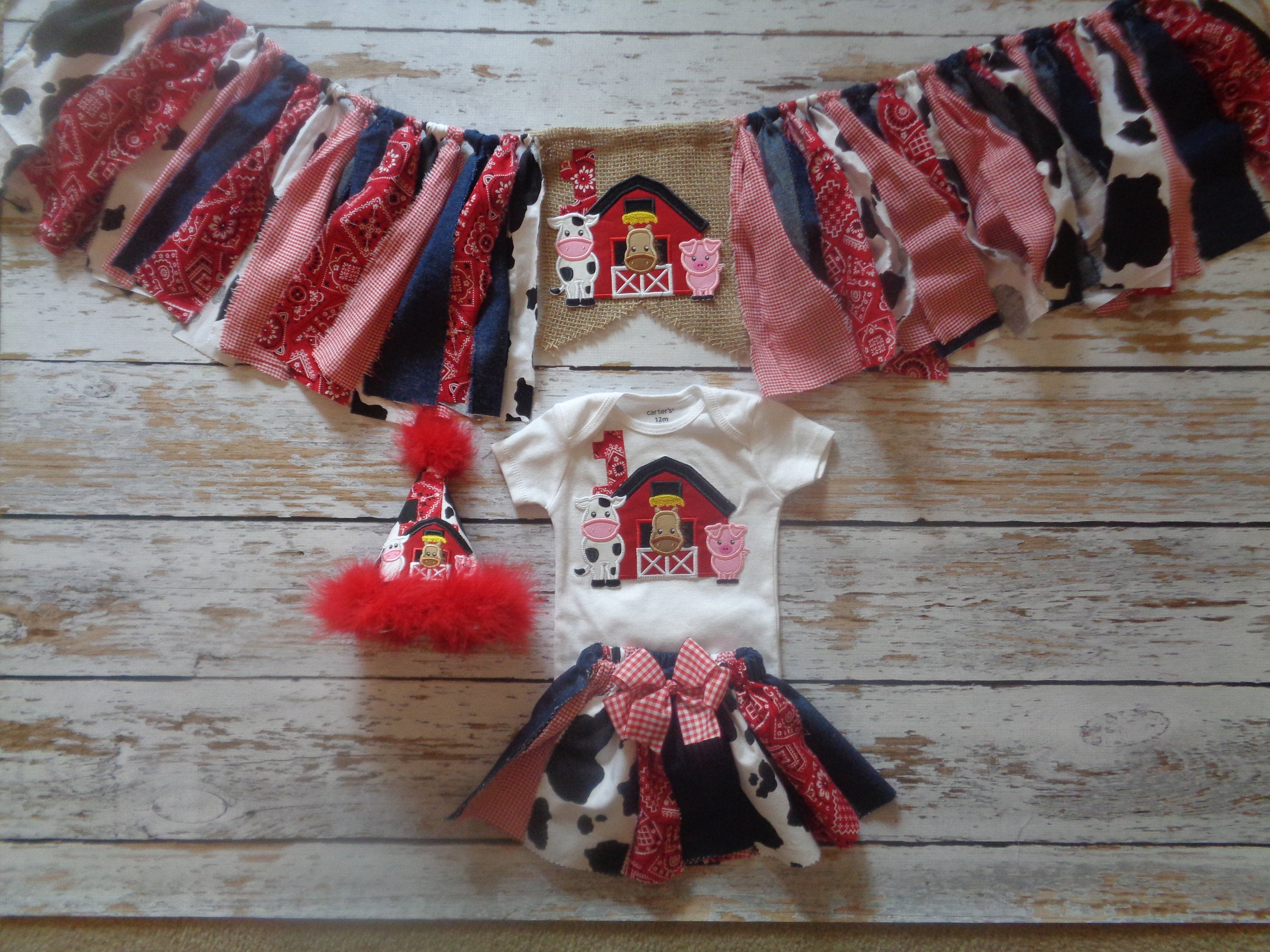 Birthday On The Farm Old McDonald Tutu, Fabric Banner, and Mathching Birthday Hat, Farm Birthday, Farm themed Party, Girls Farm Tutu