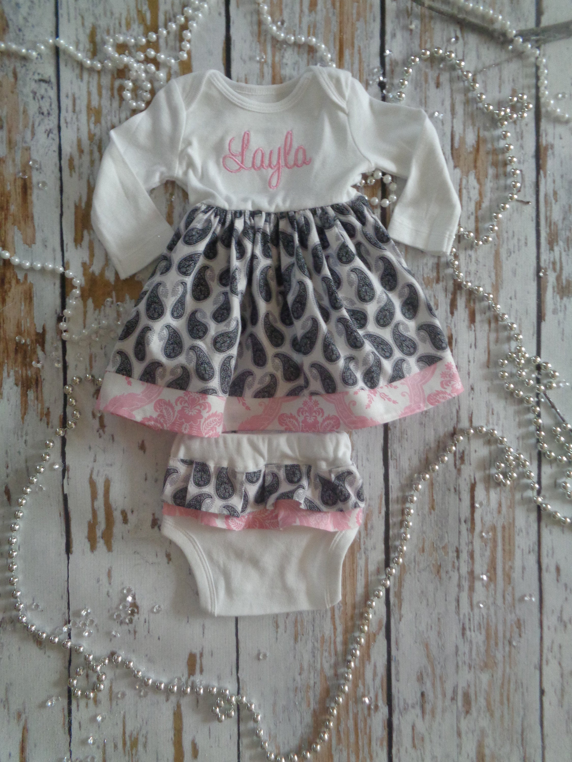 Personalized Girl Infant Dress Set, Baby Girl Coming Home Outfit ,Take Home Newborn Dress, Black Gray Pink Baby Gifts with Headband