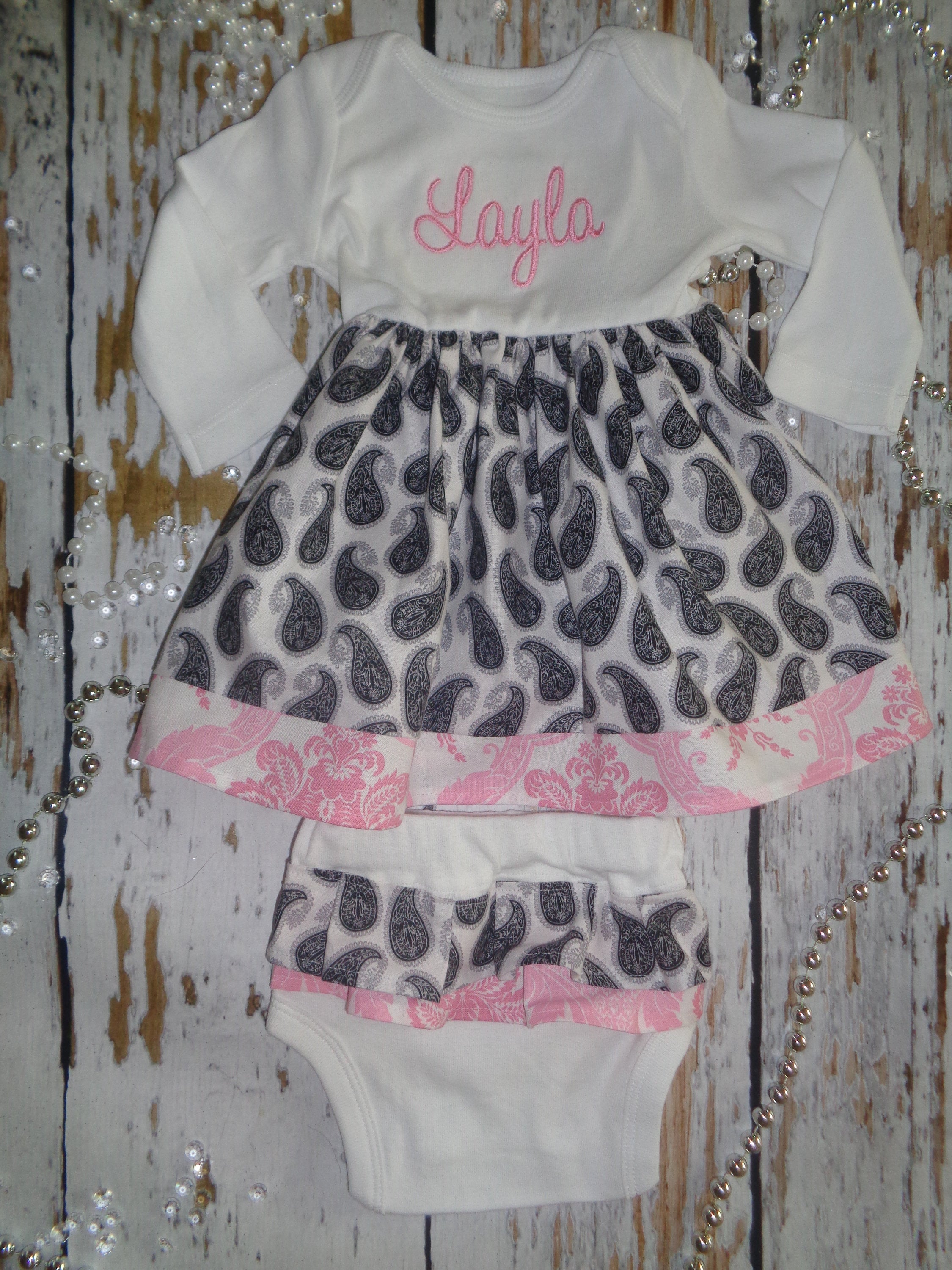 Personalized Girl Infant Dress Set, Baby Girl Coming Home Outfit ,Take Home Newborn Dress, Black Gray Pink Baby Gifts with Headband