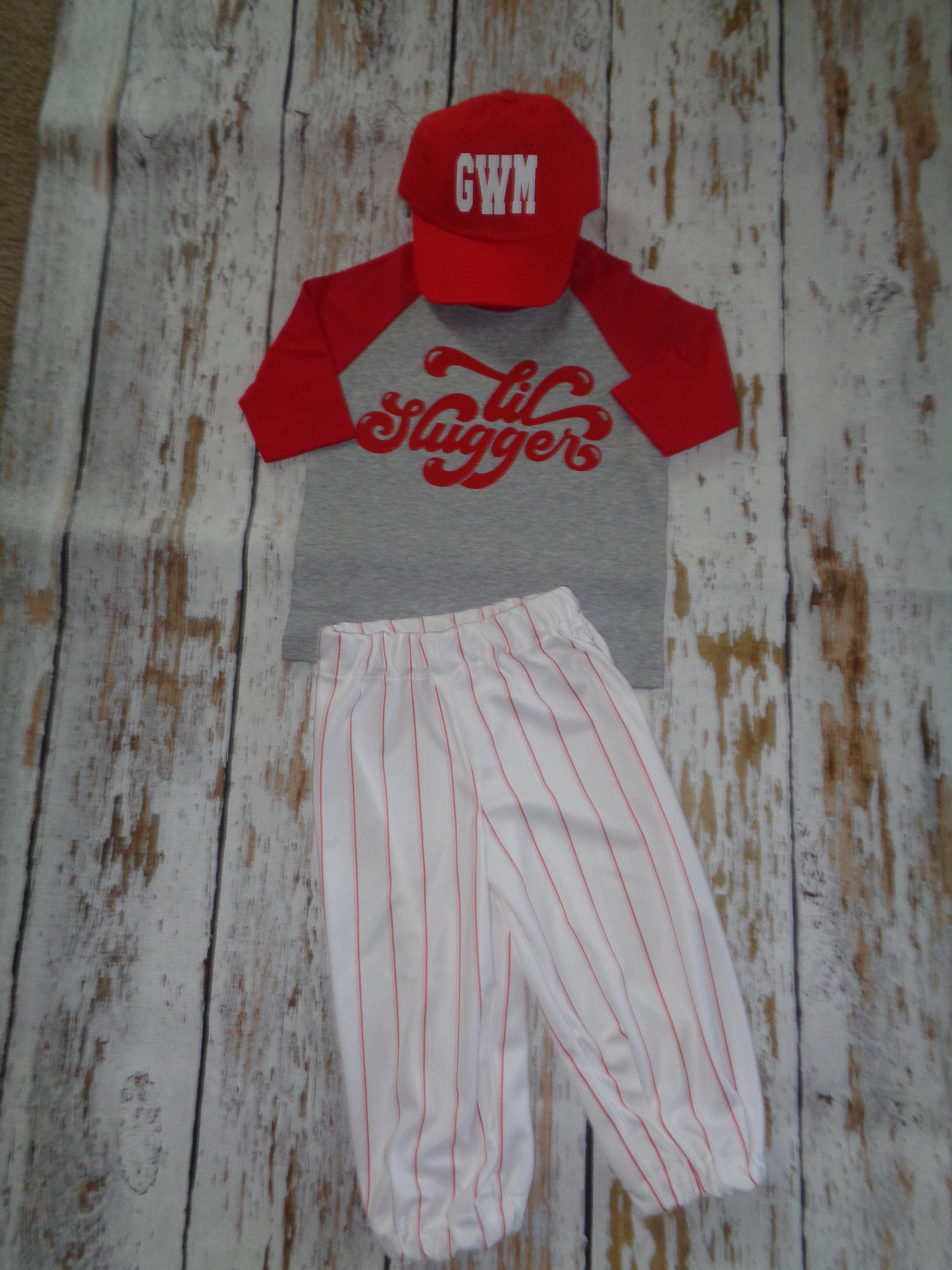 Baseball Cake smash outfit boy, Lil Slugger baseball outfit, Red Pinstripes, Baseball uniform, Baseball Pants Cap and tshirt, Lil Slugger