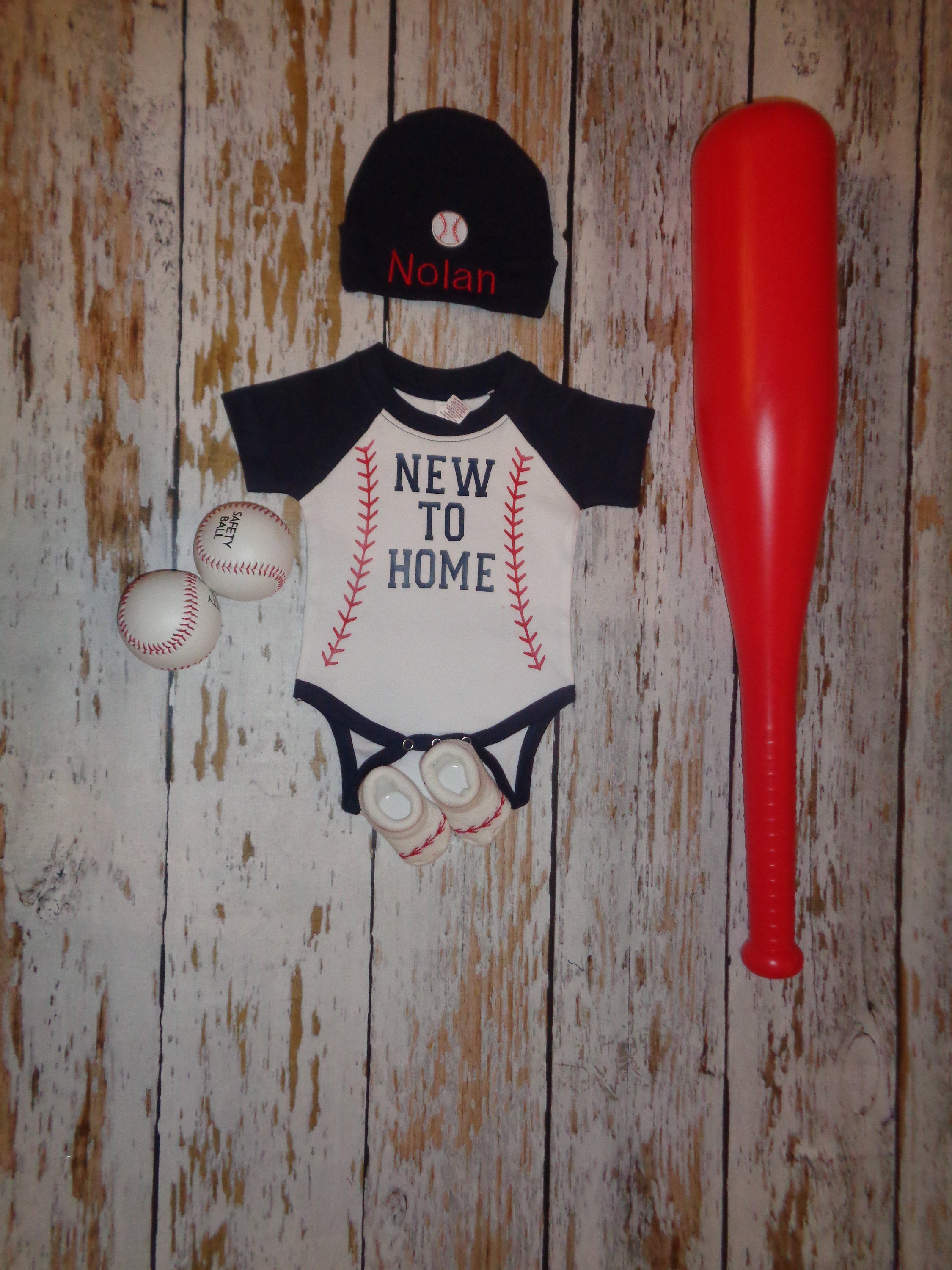 Baby Boy Baseball Coming Home Outfit, Personalized Boys Outfit, Navy Hospital New To Home Newborn Outfit, Baby Layette and Hat Set
