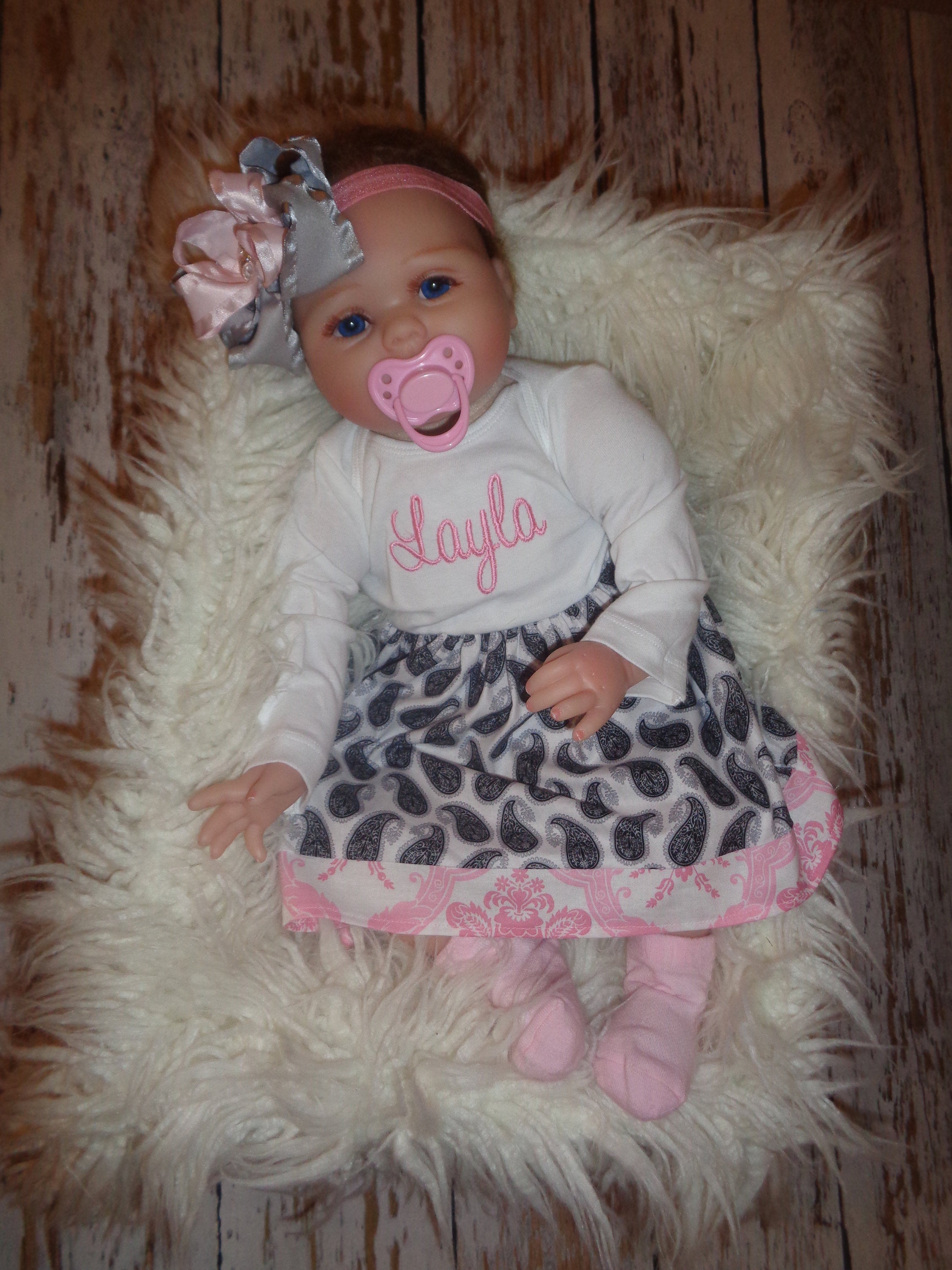 Personalized Girl Infant Dress Set, Baby Girl Coming Home Outfit ,Take Home Newborn Dress,  Black Gray Pink Baby Gifts with Headband