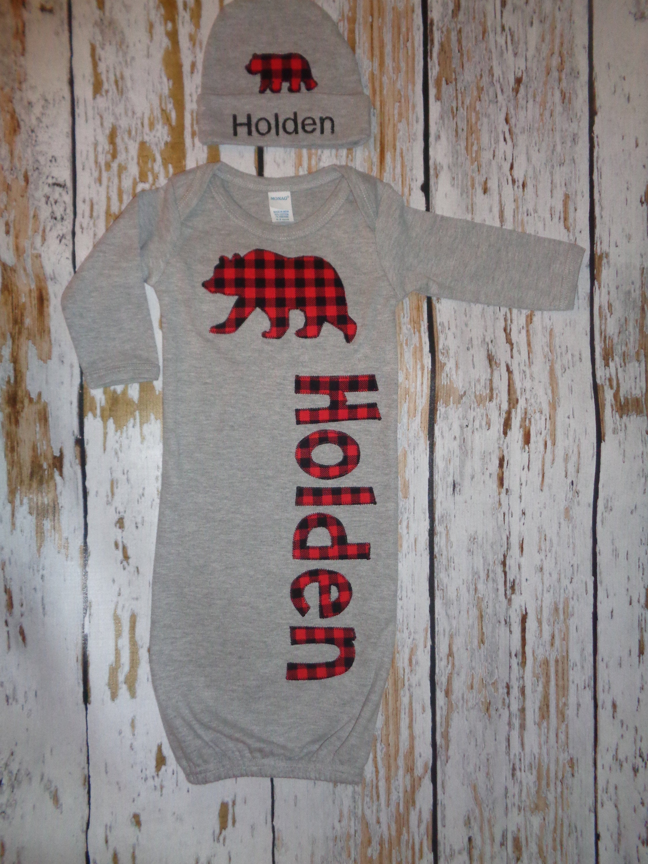 Personalized Newborn Boy Buffalo Plaid, Infant sleeper, Going home outfit Boy, Bring home outfit, Baby name gown, Newborn Boy Outfit