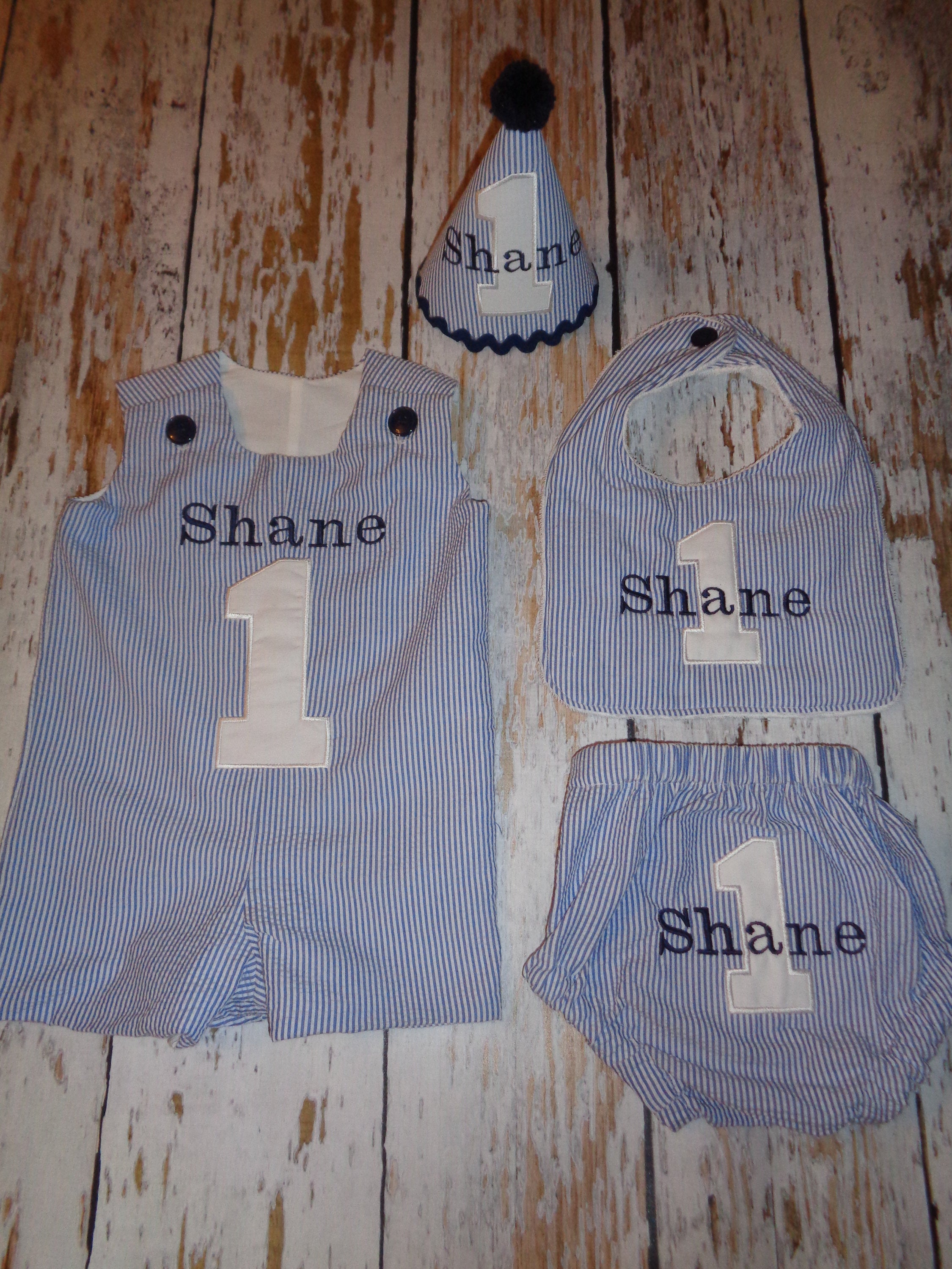 Personalized Birthday Blue White Striped Seersucker Jon Jon, Bloomers, Bib, and Hat Set, Boy 1st Birthday Jon Jon Set, Birthday Romper,