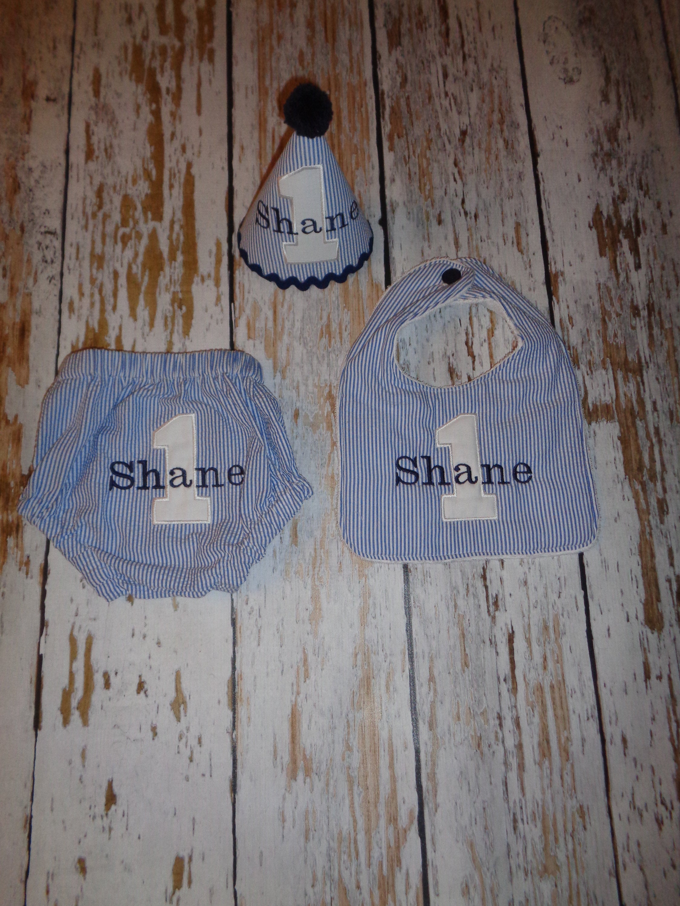 Personalized Birthday Blue White Striped Seersucker Jon Jon, Bloomers, Bib, and Hat Set, Boy 1st Birthday Jon Jon Set, Birthday Romper,