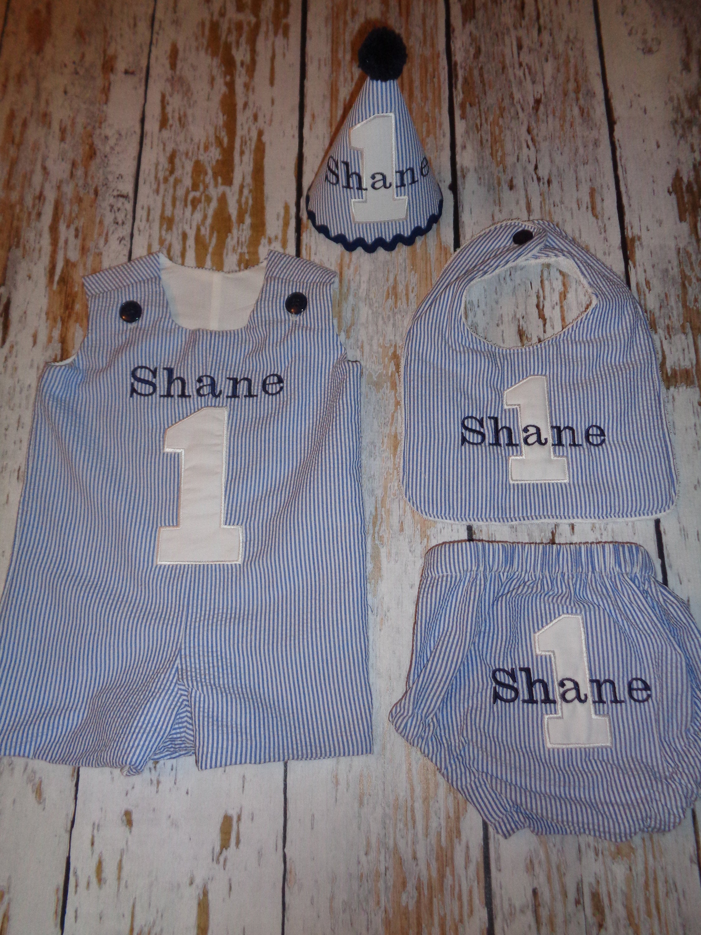 Personalized Birthday Blue White Striped Seersucker Jon Jon, Bloomers, Bib, and Hat Set, Boy 1st Birthday Jon Jon Set, Birthday Romper,