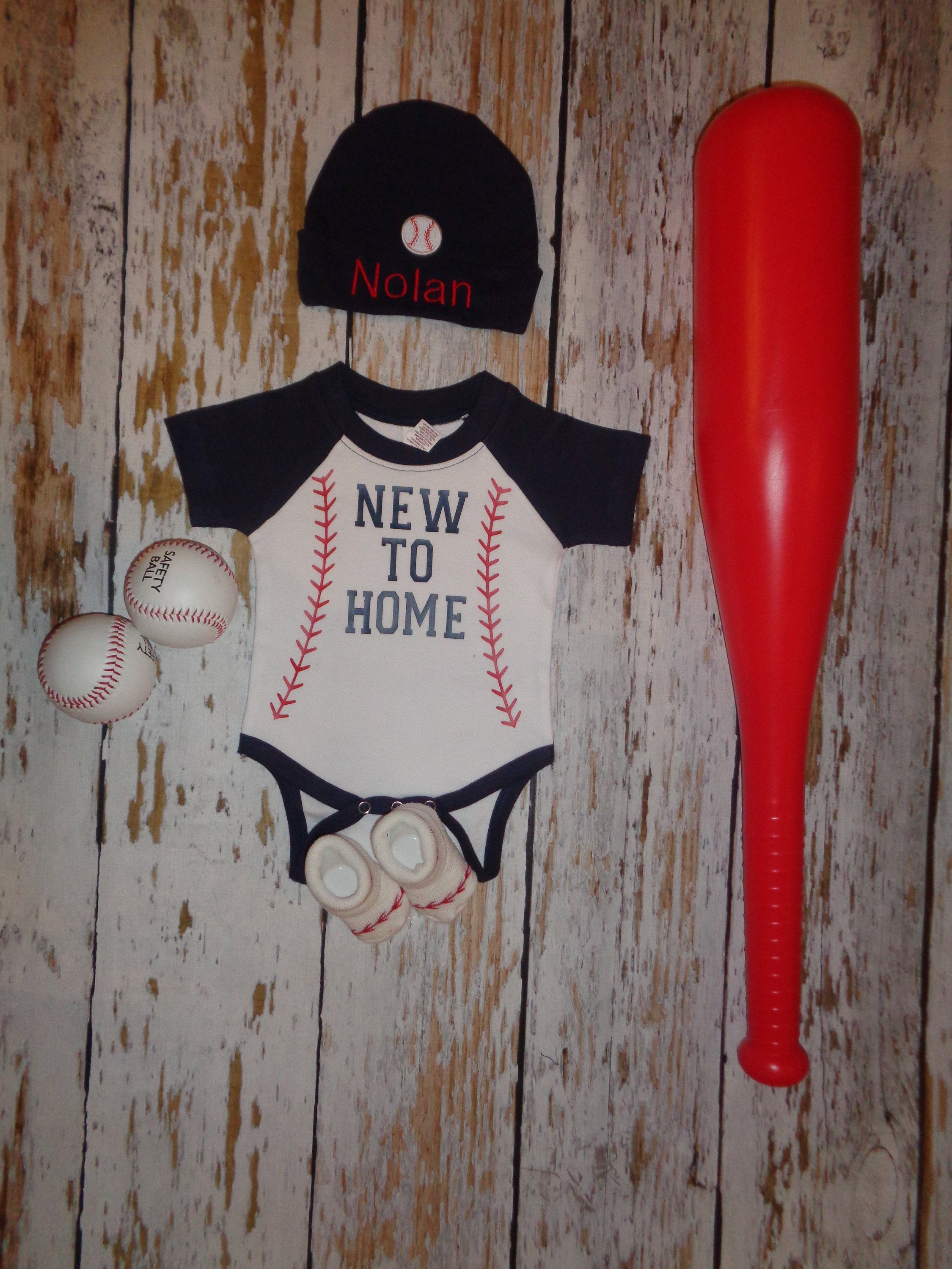Baby Boy Baseball Coming Home Outfit, Personalized Boys Outfit, Navy Hospital New To Home Newborn Outfit, Baby Layette and Hat Set